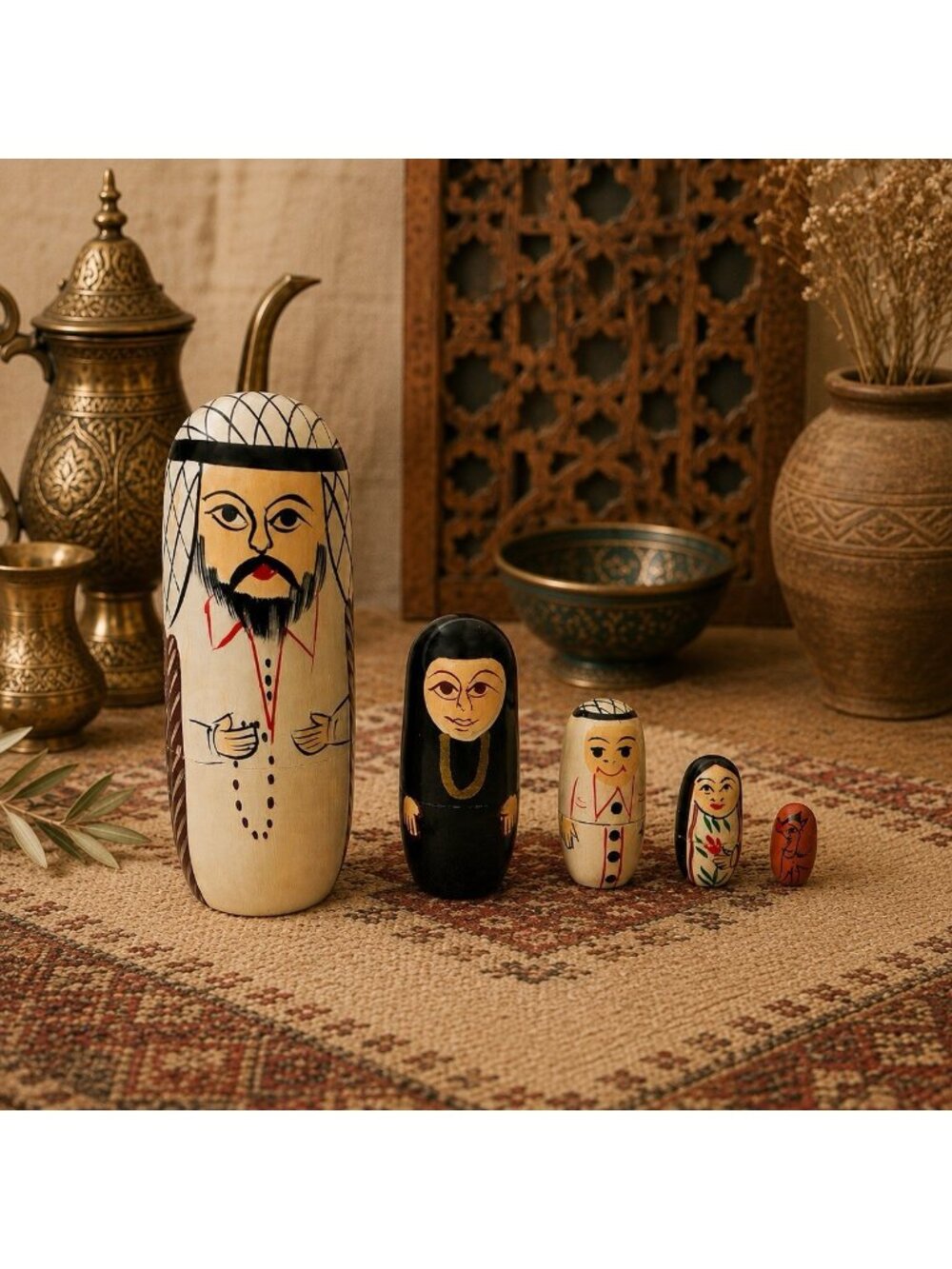 Vintage Hand-Painted Arabic Family Wooden Nesting Dolls Set of 5 Artisan UAE